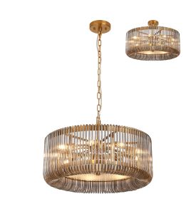 Aster 60cm Round Pendant/Semi Ceiling, 9 x E14, Brass/Smoke Glass