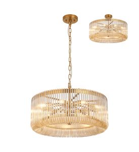 Aster 60cm Round Pendant/Semi Ceiling, 9 x E14, Brass/Smoke Brown Glass