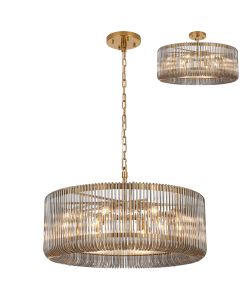 Aster 78cm Round Pendant/Semi Ceiling, 12 x E14, Brass/Smoke Glass, Item Weight: 16kg