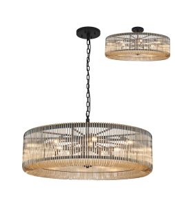 Aster 1m Round Pendant/Semi Ceiling, 15 x E14, Black/Smoke Brown Glass, Item Weight: 22kg