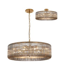 Aster 1m Round Pendant/Semi Ceiling, 15 x E14, Brass/Smoke Glass, Item Weight: 22kg