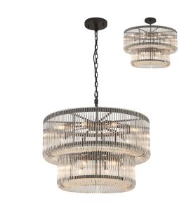 Aster 78cm 2 Tier Round Pendant/Semi Ceiling, 16 x E14, Black/Clear Glass, Item Weight: 28kg