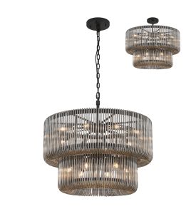Aster 78cm 2 Tier Round Pendant/Semi Ceiling, 16 x E14, Black/Smoke Glass, Item Weight: 28kg