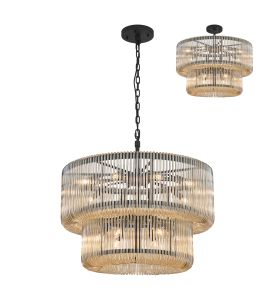 Aster 78cm 2 Tier Round Pendant/Semi Ceiling, 16 x E14, Black/Smoke Brown Glass, Item Weight 28kg