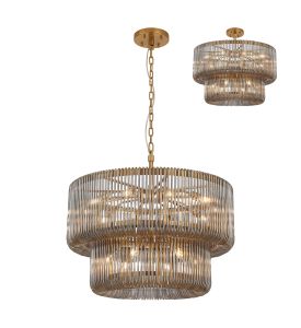 Aster 78cm 2 Tier Round Pendant/Semi Ceiling, 16 x E14, Brass/Smoke Glass, Item Weight 28kg