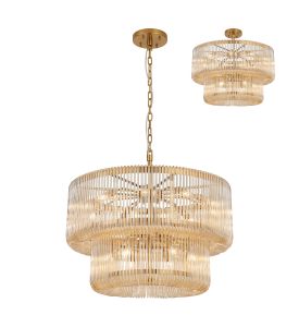 Aster 78cm 2 Tier Round Pendant/Semi Ceiling, 16 x E14, Brass/Smoke Brown Glass, Item Weight 28kg