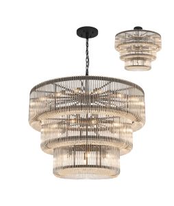 Jules, 100cm 3 Tier Round Pendant/Semi Ceiling, 32 x E14, Black/Clear Glass, Item Weight 47kg