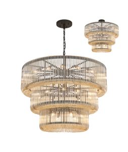 Jules, 100cm 3 Tier Round Pendant/Semi Ceiling, 32 x E14, Black/Smoke Brown Glass, Item Weight 47kg