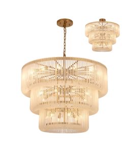 Jules, 100cm 3 Tier Round Pendant/Semi Ceiling, 32 x E14, Brass/Frosted Glass, Item Weight 47kg