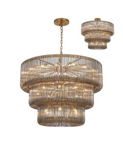 Jules, 100cm 3 Tier Round Pendant/Semi Ceiling, 32 x E14, Brass/Smoke Glass, Item Weight 47kg