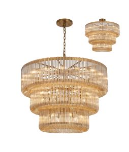 Jules, 100cm 3 Tier Round Pendant/Semi Ceiling, 32 x E14, Brass/Smoke Brown Glass, Item Weight 47kg