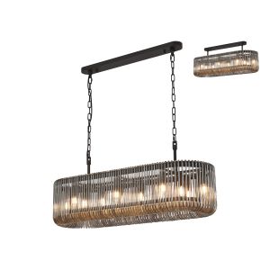 Aster 100 x 35cm Oval Linear Pendant/Semi Ceiling, 14 x E14, Black/Smoke Glass