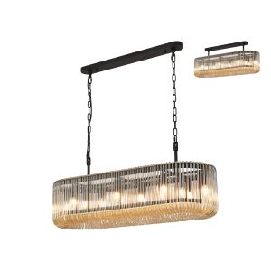 Aster 100 x 35cm Oval Linear Pendant/Semi Ceiling, 14 x E14, Black/Smoke Brown Glass
