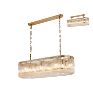 Aster 100 x 35cm Oval Linear Pendant/Semi Ceiling, 14 x E14, Brass/Clear Glass