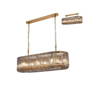 Aster 100 x 35cm Oval Linear Pendant/Semi Ceiling, 14 x E14, Brass/Smoke Glass