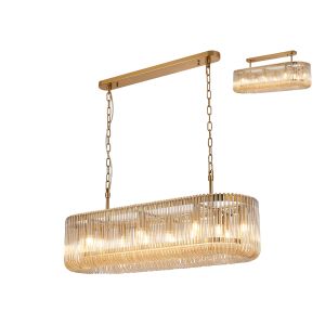 Aster 100 x 35cm Oval Linear Pendant/Semi Ceiling, 14 x E14, Brass/Smoke Brown Glass