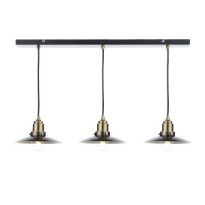 Hannover 3 Light E27 Black With Antique Brass Details Adjustable Linear Bar Pendant