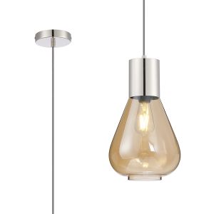 Odeyscene 23cm Pendant With Narrow Glass, 1 x E27, Polished Nickel/Amber/Dark Grey Braided Cable