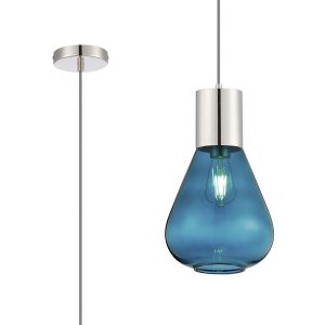 Odeyscene 23cm Pendant With Narrow Glass, 1 x E27, Polished Nickel/Teal Blue/Dark Grey Braided Cable