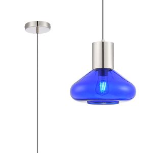 Odeyscene 31cm Pendant With Wide Glass, 1 x E27, Polished Nickel/Blue Ink/Dark Grey Braided Cable
