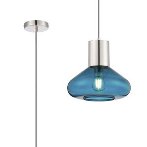Odeyscene 31cm Pendant With Wide Glass, 1 x E27, Polished Nickel/Teal Blue/Dark Grey Braided Cable