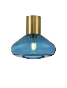 Odeyscene 31cm Ceiling Light With Wide Glass, 1 x E27, Aged Brass/Teal Blue