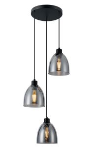 Harris 38cm Round Pendant, 3 x E27, Black/Smoke Glass