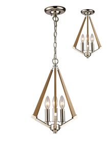 Hilton 30cm Tetragonal Pendant 3 Light E14 Polished Nickel/Taupe Wood