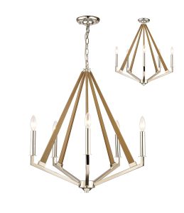 Hilton 60cm Pentagonal Pendant 5 Light E14 Polished Nickel/Taupe Wood