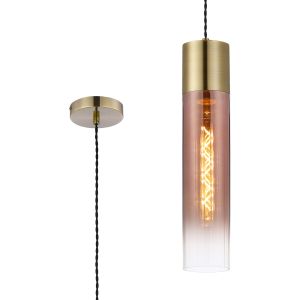 Luce 12cm Pendant With Tubular Glass, 1 x E27, Antique Brass/Copper Fade/Black Braided Twisted Cable