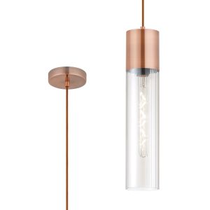 Luce 12cm Pendant With Tubular Glass, 1 x E27, Antique Copper/Clear/Brown Braided Cable