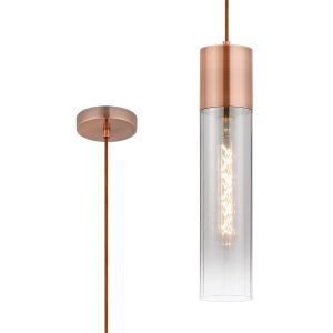 Luce 12cm Pendant With Tubular Glass, 1 x E27, Antique Copper/Smoke Fade/Brown Braided Cable