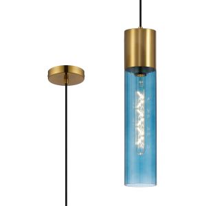 Luce 12cm Pendant With Tubular Glass, 1 x E27, Aged Brass/Blue/Black Braided Cable
