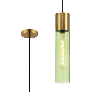 Luce 12cm Pendant With Tubular Glass, 1 x E27, Aged Brass/Green/Black Braided Cable