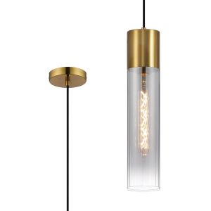 Luce 12cm Pendant With Tubular Glass, 1 x E27, Aged Brass/Smoke Fade/Black Braided Cable