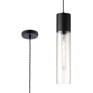 Luce 12cm Pendant With Tubular Glass, 1 x E27, Satin Black/Clear/Black Braided Twisted Cable