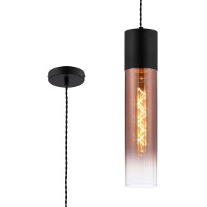 Luce 12cm Pendant With Tubular Glass, 1 x E27, Satin Black/Copper Fade/Black Braided Twisted Cable