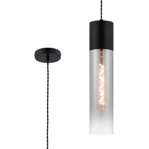 Luce 12cm Pendant With Tubular Glass, 1 x E27, Satin Black/Smoke Fade/Black Braided Twisted Cable