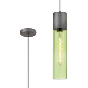 Luce 12cm Pendant With Tubular Glass, 1 x E27, Pewter/Green/Black Braided Cable