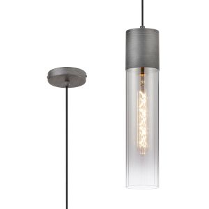 Luce 12cm Pendant With Tubular Glass, 1 x E27, Pewter/Smoke Fade/Black Braided Cable