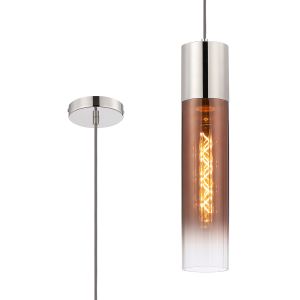 Luce 12cm Pendant With Tubular Glass, 1 x E27, Polished Nickel/Copper Fade/Dark Grey Braided Cable