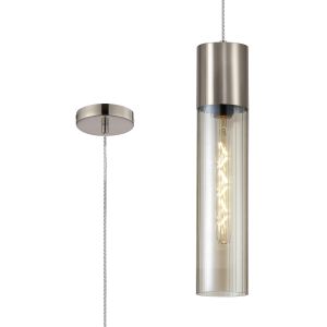Luce 12cm Pendant With Tubular Glass, 1 x E27, Satin Nickel/Cognac/Clear Twisted Cable