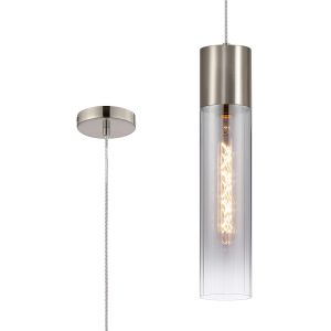 Luce 12cm Pendant With Tubular Glass, 1 x E27, Satin Nickel/Smoke Fade/Clear Twisted Cable