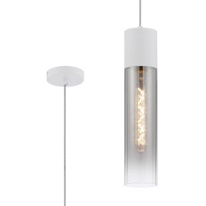Luce 12cm Pendant With Tubular Glass, 1 x E27, Satin White/Smoke Fade/Clear Twisted Cable