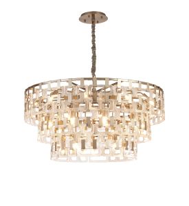 Alban 100cm 3 Tier Round Pendant, 10+10+5 x E14, Satin Nickel/Clear Glass, Item Weight: 43kg