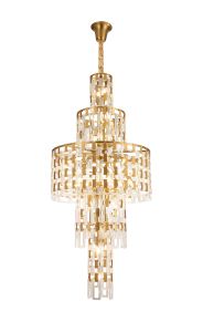 Alban 85cm Round Tall Pendant, 33 x E14, Matt Gold/Clear Glass Item Weight: 51kg