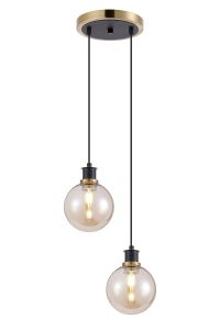 Jestero 20cm 2 Light Pendant, E14 With 15cm Round Glass Shades, Brass, Amber Plated & Satin Black