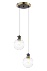 Jestero 20cm 2 Light Pendant, E14 With 15cm Round Glass Shades, Brass, Clear & Satin Black