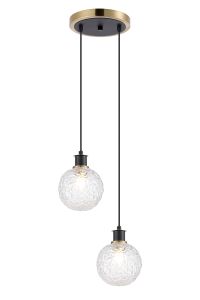 Jestero 20cm 2 Light Pendant, E14 With 15cm Round Textured Crumple Glass Shades, Brass, Clear & Satin Black