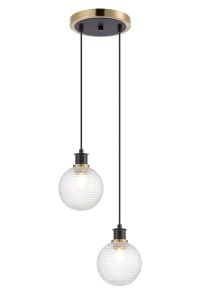 Jestero 20cm 2 Light Pendant, E14 With 15cm Round Textured Diamond Pattern Glass Shades, Brass, Clear & Satin Black